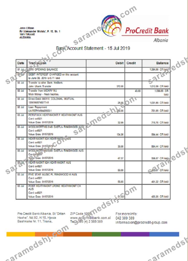 Albania Prokredit Bank  statement